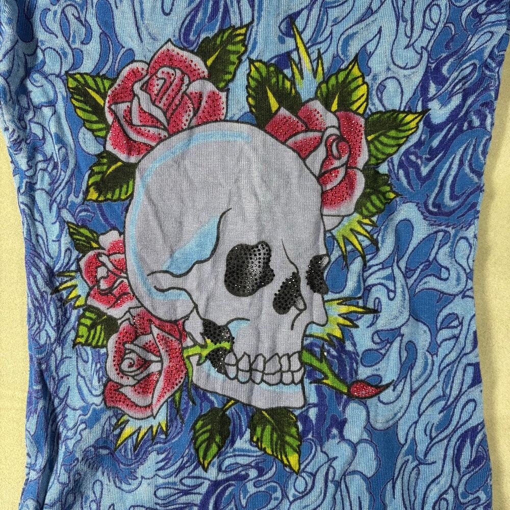 Ed Hardy Christian Audigier Womens XS Blue Skull Roses Hooded Zip Up Dress Y2K - Picture 5 of 8